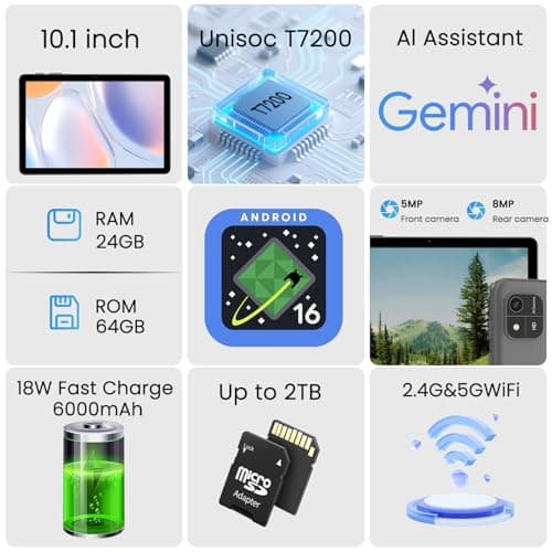 Android 16 Tablet 10.1 inch Tablet, Octa-Core Processor, 24GB RAM 64GB ROM 2TB Expandable, 1280x800 HD Touchscreen, GPS, WiFi, Dual Camera, Bluetooth, 6000mAh, Widevine L1 - Thumbnail 2