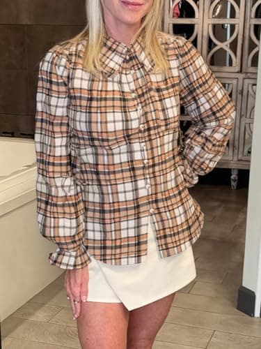 Tankaneo Womens Peter Pan Collar Button Down Shirts Long Sleeve Plaid Blouse Dressy Casual Fall Tops Brown - Thumbnail 6