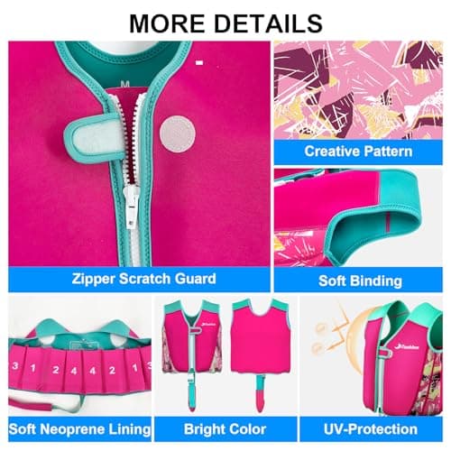 Tooklee Kids Swim Vest for Girls 1-2-3-5-7-9 Years Old, Toddler Swim Vest 20-30-40-80 Pounds with Adjustable Buoyancy for Swimming Trainer, Kids Pool Floaties Jacket with Crotch Strap, Pink, L - Thumbnail 5