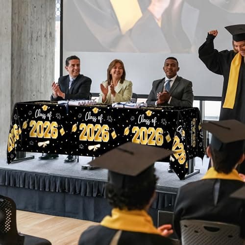 QZYL 4 Pack Graduation Decorations, 54" x 108" Black and Gold Rectangle Graduation Table Cloths, Plastic Tablecloth for College Congrats Grad, Disposable Grad Party Decorations for Class of 2026 - Thumbnail 5