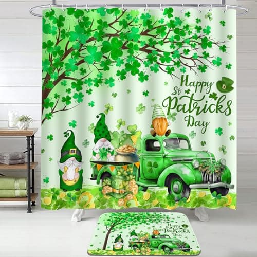 Lutto St Patricks Day Shower Curtain for Bathroom, St Patricks Day Shower Curtain Set with Rugs, Bathroom Set for St Patrick's Day Decorations, Gnomes Shower Curtain with Hooks for Bathroom Decor - Thumbnail 2