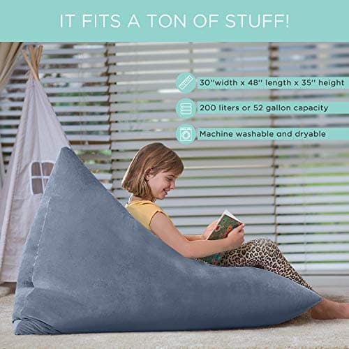 Aubliss Stuffed Animal Storage Bean Bag Chairs Cover, 50"x 35" Extra Large Velvet Bean Bags Chair for Kids & Adults, Ultra Soft Zipper Beanbag Toy Storage for Boys Girls - Grey - Thumbnail 4