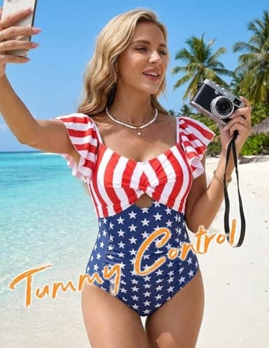 VIAURBE Women's One Piece Swimsuit Tummy Control 4th of July American Flag Ruffle Beach Vacation Bathing Suit flag-2XL - Thumbnail 2