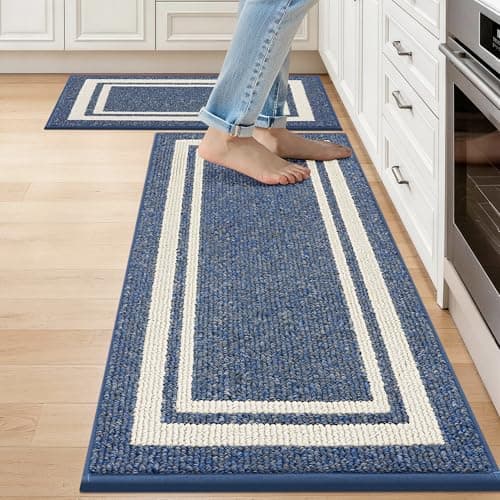 COSY HOMEER Kitchen Rugs Non-Slip 20x30/20x48 Inch Thick Polypropylene Standing Mat for Home Machine Washable, Bule Frame - Image 1