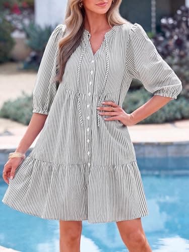 BTFBM Womens Summer Dresses 2026 Striped Mini Dress Half Sleeve Button Down Casual Flowy Beach Vacation Outfits Pockets(Black, X-Large) - Thumbnail 2