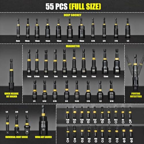 Facoow 55PCS Impact Nut Driver Set Magnetic, SAE&Metric Nut Drivers, Deep Impact Nut Drivers, Impact Socket Adapters, Wing Nut Driver, Power Bit,Quick Release Extension, Pivoting Nutsetter,Storage Box - Thumbnail 2