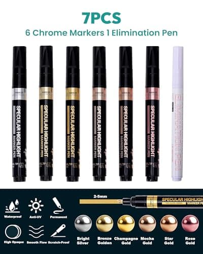 Resiners Metallic Markers, Chrome Paint Marker for Metal Model, Glass Coloring, Stroke, Painting, DIY Craft, Reflective Gloss, 2-5 mm Larger Application Area, Epoxy Resin Tools (6 Colors) - Thumbnail 2