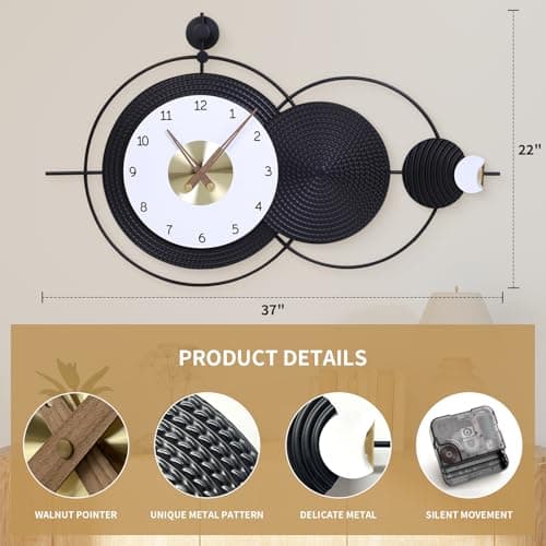 Anmotpe Large Wall Clock Black Modern Wall Clocks Nordic Style Clock Non Ticking Battery Operated Big Wall Clocks for Living Room, Kitchen, Dining Room, Bedroom-36.8X22inch - Thumbnail 2