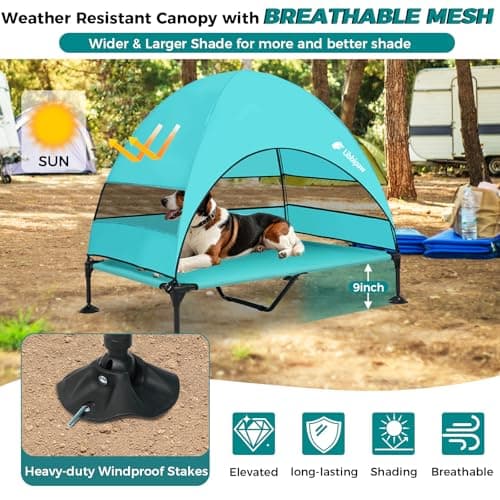 Libbipaw Windproof Elevated Dog Bed with Canopy & Stakes, 3-Sided 90% UV Block, Chew-Proof Teslin Mesh Mat for Large Dogs up to 150lbs(Blue X-Large) - Thumbnail 6