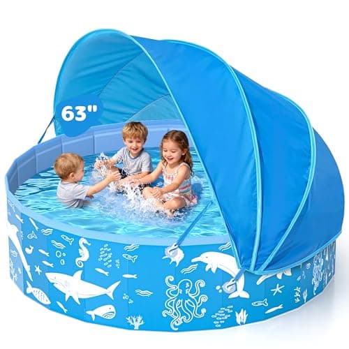 63” Extra Large Kiddie Pool with Canopy, EPN UPF 50+ Sun Shade Baby Pool, No Inflation Foldable Toddler Pool for Backyard Outdoor & Beach, Portable Thickened PVC BPA-Free Kids Water Play Pool, Blue - Image 1