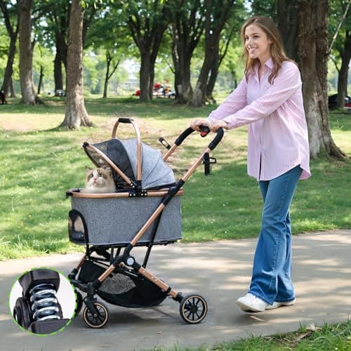 LENSEMUS Dog Stroller for Max 45 lbs Dogs - 3 in 1 Pet Stroller with Detachable Storage Basket 4 All-Terrain Rubber Wheels Pull Rod Durable Travel Carrier for Medium Dogs 2 Small Cats (Grey) - Thumbnail 2