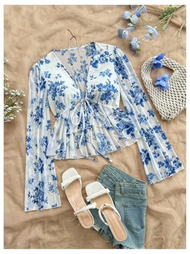 MakeMeChic Women's Floral Crop Tops V Neck Tie Front Ruffle Hem Long Sleeve Peplum Blouse Blue and White B Large - Thumbnail 5