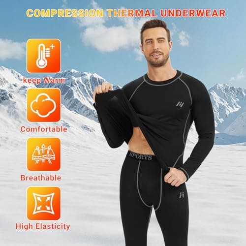 MeetHoo Men Thermal Underwear Set Long Johns with Fleece Lined Base Layer Men Cold Weather Top Bottom for Skiing Running - Thumbnail 3
