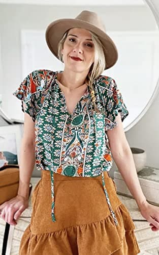 Angashion Women's Summer Tops Casual Floral Print V Neck Ruffle Short Sleeve Loose Tunic T Shirt Blouse Green XL - Thumbnail 4