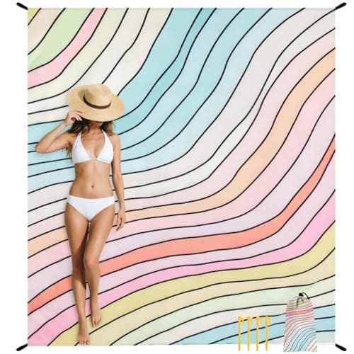 Beach Blanket Sandproof Waterproof, Large Beach Mat for 2-4 Adults with Stakes, Sand Free Compact Lightweight Picnic Blankets, Beach Essentials Necessities Accessories Must Haves-Colorful Rainbow Wave - Image 1