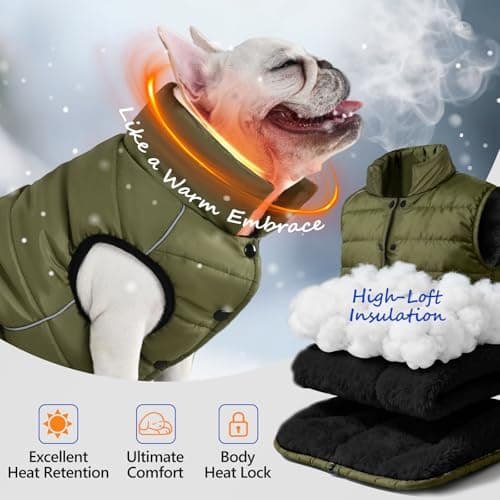 Dog Winter Puffer Jacket Waterproof, Reflective Furry Fleece Lined Dog Coats for Small Medium Dogs, Warm Snow Coat, Insulated Cold Weather Dogs Vest Jackets with Leash Hole, Olive - Thumbnail 2