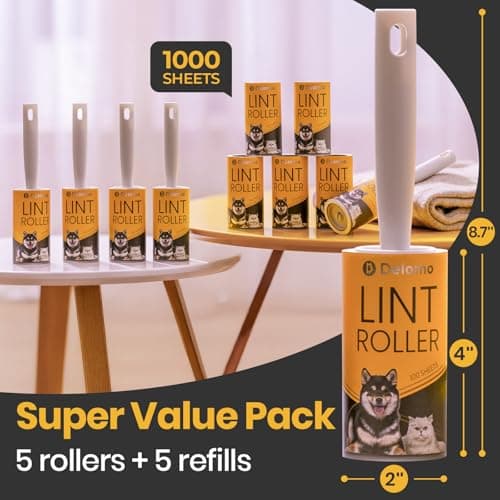 DELOMO Lint Roller 1,000 Sheets (5 Rollers + 5 Refills) - Lint Rollers for Pet Hair Extra Sticky, Mega Value Pet Hair Removal Tool for Clothes/Couch/Furniture/Car - Ideal Home Gift for Pet Owners - Thumbnail 5