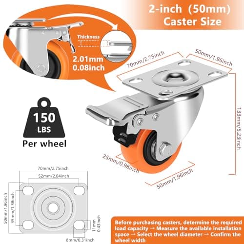 ASRINIEY Caster Wheels, 2" Casters Set of 4 Heavy Duty - Locking Casters Orange Polyurethane Wheel, Swivel Plate Caster with Brake, Non-Marking Castor Wheels for Carts Furniture and Workbench - Thumbnail 3