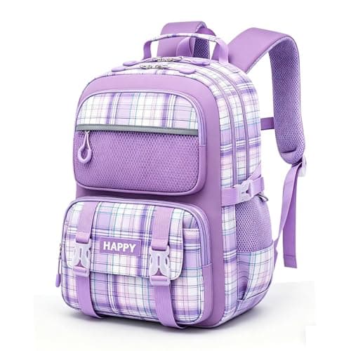 HZWLFA Backpack for Girls,Cute Plaid Backpack,Preppy Bookbag for Elementary & Middle School Students,Large Capacity School Bag,17 Inch,Purple - Image 1