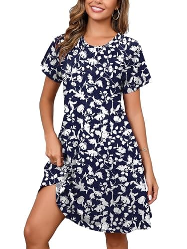 Heymoments Women's Short Sleeve Dress Floral Print Large Crewneck Casual Loose Flowy Below Knee Length Sundress Business A Line Shirt Teachers Summer Novelty Boho Dresses with Pockets - Image 1