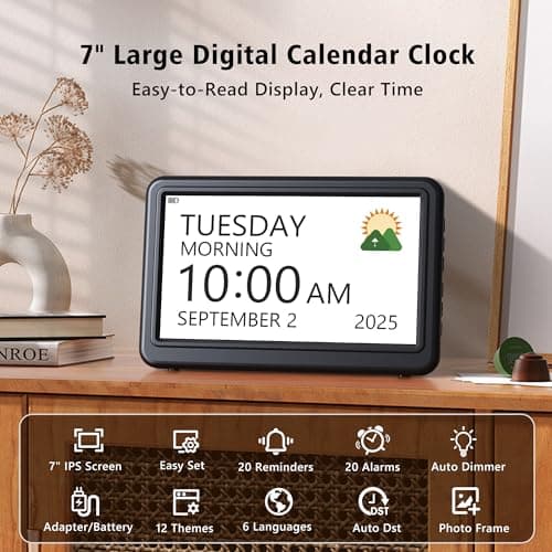 Rechargeable Digital Calendar Alarm Clocks for Senior, 7" Clock with Day and Date for Elderly, 20 Reminders & Alarms, Auto Dimmer/DST, 12 Themes, 18 Ringtones for Dementia Memory Loss, 1024*600 HD - Thumbnail 2