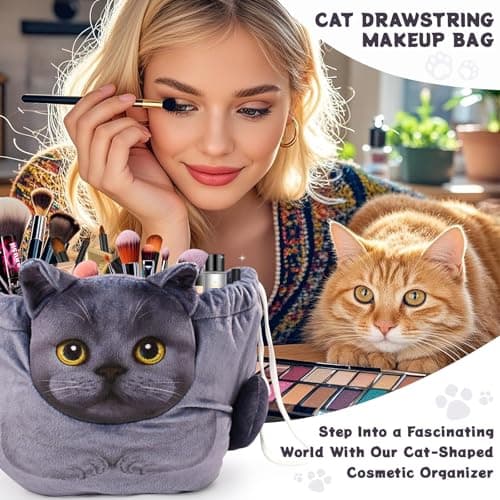 Openhaha Drawstring Makeup Organizer, Travel Cosmetic Pouch - Cat Gift for Women, Lay Flat Makeup Bag Gifts for Cat Lovers - Thumbnail 2