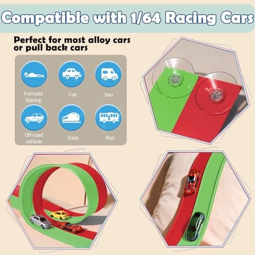 Flex Tracks 15 Ft Starter Set, Flexible Race Track for Kids 3+ with Strong Suction Cups, Flexible Car Track Race Car Ramp Track Compatible with 1/64 Diecast Cars, Portable Rolls Up Race Tracks - Thumbnail 5