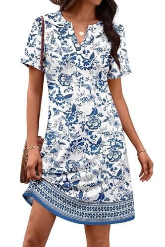 ATHMILE Dresses for Women 2026 V-Neck Summer Beach Vacation Clothes Short Sleeve Split Hem Sundress with Pockets - Image 1