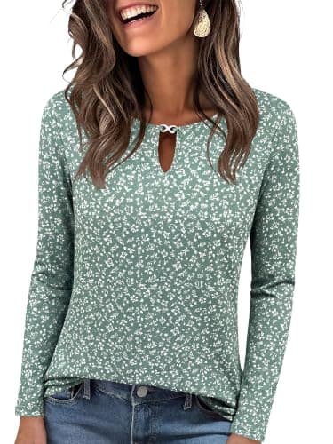 ANRABESS Women's Metal Keyhole Neck Long Sleeve Shirt,Floral Green,XXL
