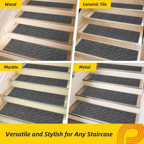 Non-Slip Stair Treads for Wooden Steps Indoor, 15 Pack 9" X 28" Edging Stair Runner with TPE Backing, 0.4" Thick Stair Rugs for Kids Elders & Pets, 100% Polyester Soft Carpet Stair Mats, Black - Thumbnail 6