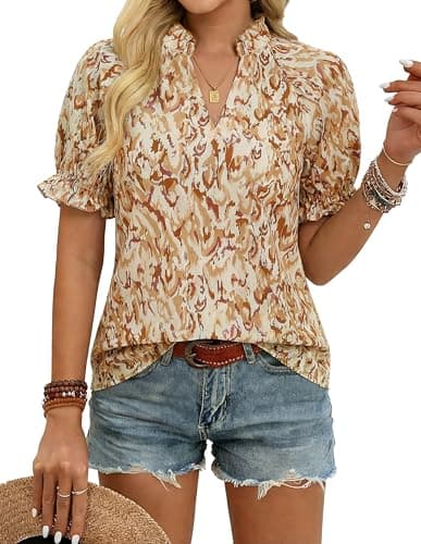 GRACE KARIN Womens Boho Tops Summer Spring Cotton Floral Blouses Short Sleeve Print Shirts V Neck Beach Vacation Clothes 2026 Khaki Wave Medium - Image 1