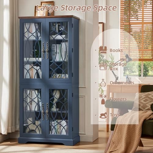 Joaxswe 67" Tall Bookshelf, Rustic Book Shelf w/Vintage Pattern Tempered Glass Doors, 5-Tier Wood Bookcase with Adjustable Storage Shelves, Retro Curio Display Cabinet for Living Room, Navy Blue - Thumbnail 3