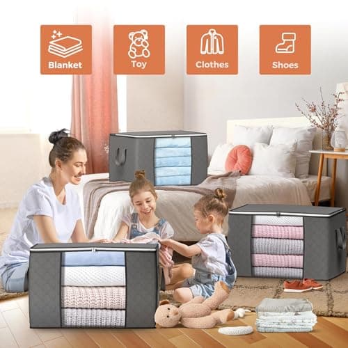 90 L Large Storage Bags, 6 Pack Clothes Storage Bins Foldable Closet Organizers Storage Containers with Reinforced Handle for Clothing, Blanket, Comforters, Bed Sheets, Pillows and Toys (Gray) - Thumbnail 3