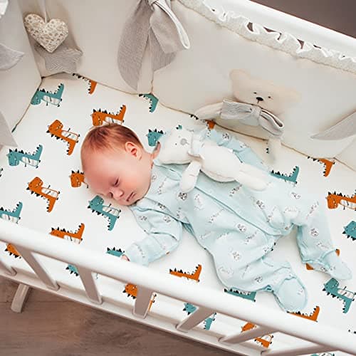 Gllquen Baby Bassinet Sheets 4 Pack, Breathable Cozy Fitted Mattress Sheet, Elastic Travel Crib Fashionable Floral Pattern, Standard Cradle Safe Sheets for Baby Boys Girls 32"x16"(Dinosaur) - Thumbnail 2