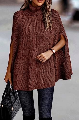 KIRUNDO Women's 2026 Fall Winter Turtleneck Poncho Sweater Fashion Chunky Knit Cape Wrap Sweaters Pullover Jumper Tops(Red Brown, Small) - Thumbnail 2