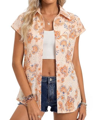 GRACE KARIN Floral Eyelet Spring Summer Tops for Women,2026 V Neck Dressy Casual Shirts,Boho Button Down Short Sleeve Blouses Orange L - Image 1