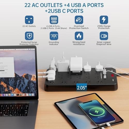 Power Strip 10 FT Cord with 22 Outlets 6 USB Ports(2 USB C), 1875W/15A, 10 FT Flat Plug 3 Prong Extension Cord with Multiple Outlets for Home Office, Dorm, Gaming, Black - Thumbnail 2