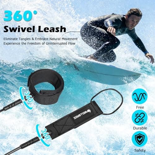 Mellbree Surfboard Leash, Premium SUP Leash Double-Side Rotatable Wirst Strap Leg Rope Flexible for Paddleboard Longboard Shortboard Stand-up Boogie Paddle Boards (Light Blue, 6ft 5.5mm) - Thumbnail 2