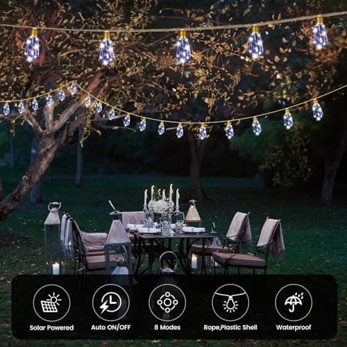 Solar String Lights for Outside, 24FT Vintage Rope Hemp Solar Outdoor String Lights with 20 Shatterproof Bulbs, Solar Powered Waterproof 8 Modes Patio Lights for Garden Fence Balcony Camping - White - Thumbnail 6
