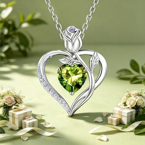 JACUPO Heart Birthstone Silver Necklace for Women(08 - Olive Green) - Thumbnail 5