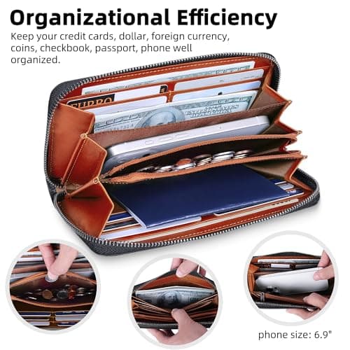 VISOUL Leather Long Zippered Pouch Wallet for Men with RFID Blocking Two-tone, Large Carbon Fiber Leather Clutch Cash Long Wallet with Zipper (Black+Orange) - Thumbnail 3