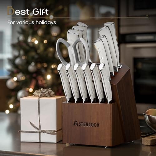 Knife Set, Astercook Kitchen Knife Set with Block, 15 Pcs Luxurious High Carbon German Stainless Steel Knives Set with Full Tang Ergonomic Handle, Dishwasher Safe Knife Set with Sharpening Rod - Thumbnail 6