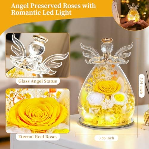 Puppiluv Preserved Rose Gifts for Women, Forever Flowers Eternal Roses in Glass Angel Figurines, Fresh Flowers for Delivery Prime, Birthday Gifts for Mom Her Wife Grandma on Anniversary, Yellow - Thumbnail 3