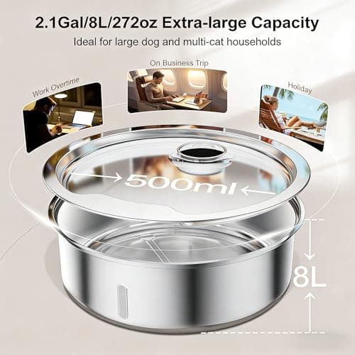 Dog Water Fountain, 8L Stainless Steel Dog Water Fountain for Large Dogs, Dog Water Bowl Dispenser, Super Quiet Pump and Replacement Filters for Cats and Dogs (Silver-8L+3Filters) - Thumbnail 4