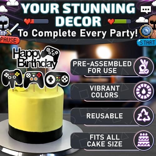 13Pcs Video Game Cake Topper - Cardboard Gamer Cake Decorations with Big & Small Toppers with Gamepad-Themed Design, Easy to Install - Colorful Video Game Birthday Decorations for Boys & Girls Parties - Thumbnail 4