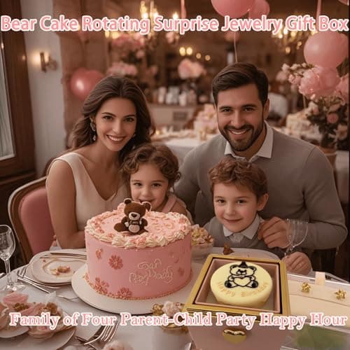 Surprise Rotating Jewelry Ring Box with S925 Necklace Silver Pendant with White Zirconia, Little Bear Cake Flip Birthday Proposal Engagement Wedding Ring Jewelry Box (Pink Ring Boxes+Necklace) - Thumbnail 4