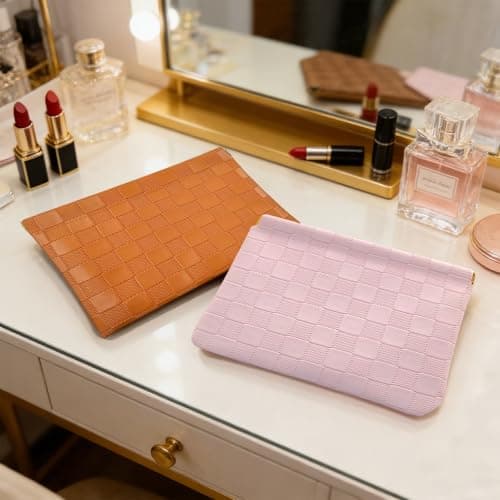 AOzT 2Pcs Small Waterproof Checkered Makeup Bag Portable Leather Travel Toiletry Organizer With Snap Closure Aesthetic Storage Pouches For Purse Pink And Brown - Thumbnail 4