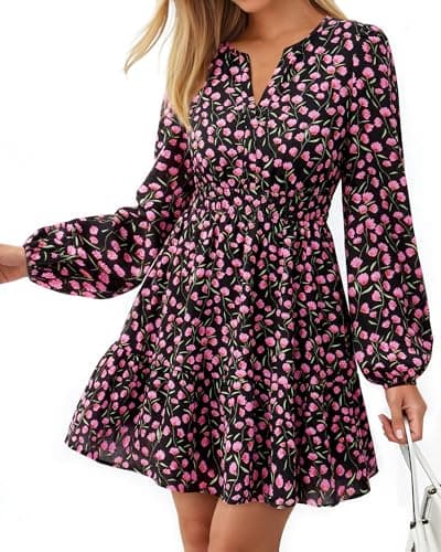 BTFBM Spring Dresses for Women 2026 Mini Long Sleeve Elastic Waist Summer Vacation Outfits Floral Wedding Guest Dress(Black Pink Flower, XX-Large) - Image 1