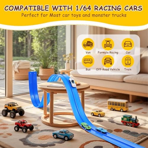 Kimdog Flexible Race Track for Kids - 15Ft Car Track with 4 Vehicle in 1:64 Scale, 4M DIY Car Ramp Roll Up, Play Race Cars for 3 4 5 6 Year Old Boys Girls, Little People Gifts for Birthday Christmas - Thumbnail 3