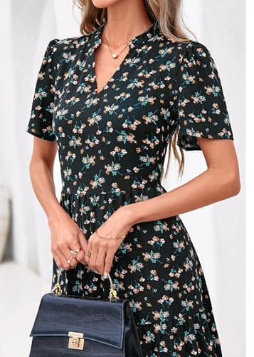 KIRUNDO Womens Summer Floral Maxi Dress Short Sleeve V Neck Boho Long Flowy Casual A Line Dresses 2026 Beach Vacation Outfits(Black Yellow Flower, Small) - Thumbnail 4